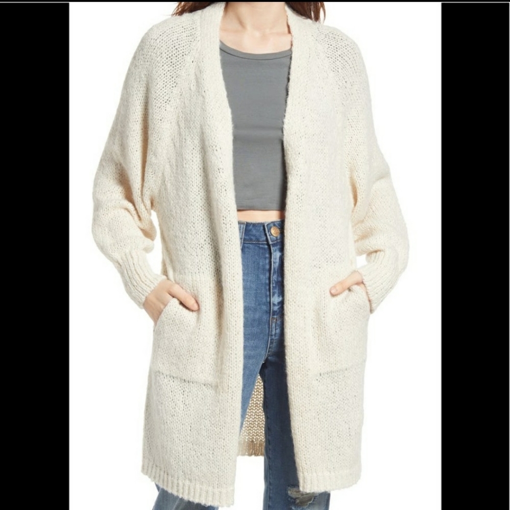 Cotton Emporium Women's Open Front Cardigan Cream Large Sweater Long Sleeve
